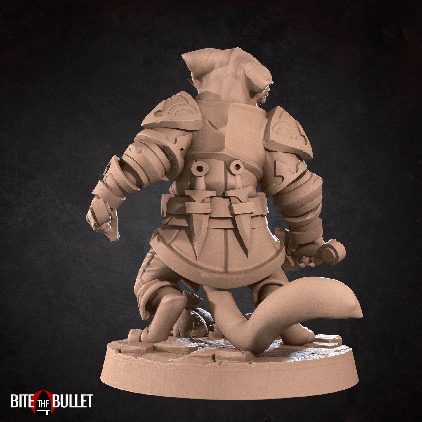 Anthropomorphic cat rogue wielding two short swords; resin miniature by Bite the Bullet.