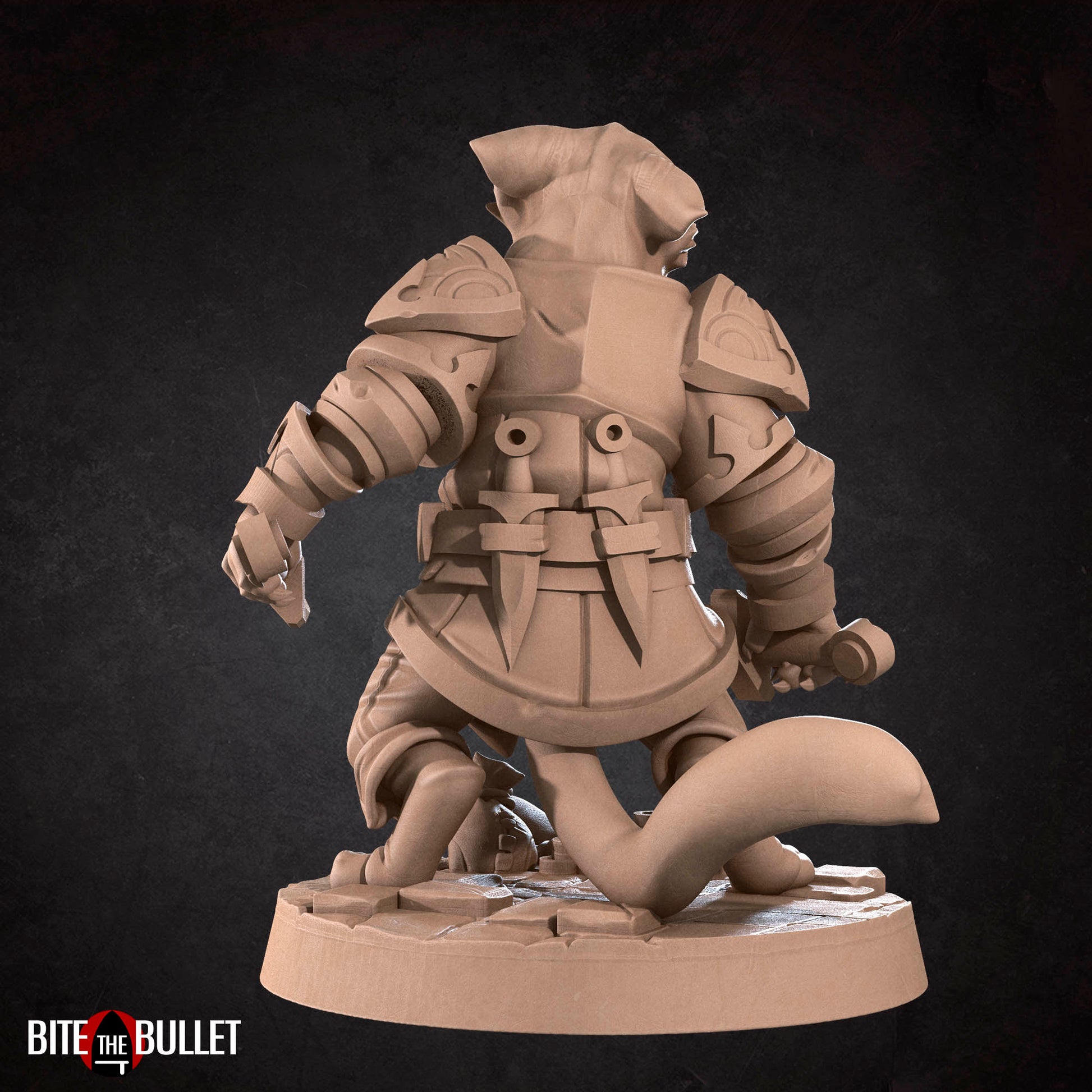 Anthropomorphic cat rogue wielding two short swords; resin miniature by Bite the Bullet.