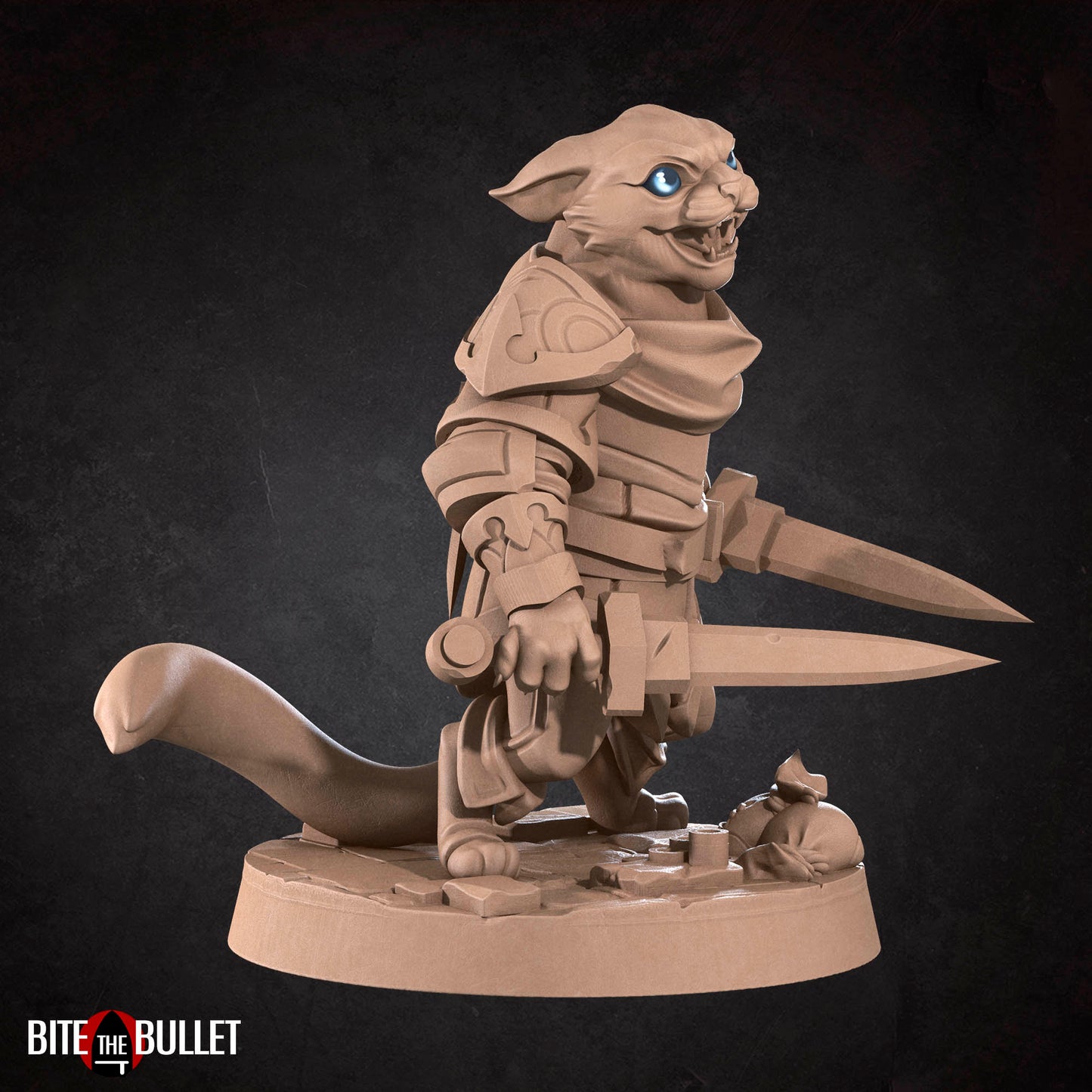 Anthropomorphic cat rogue wielding two short swords; resin miniature by Bite the Bullet.