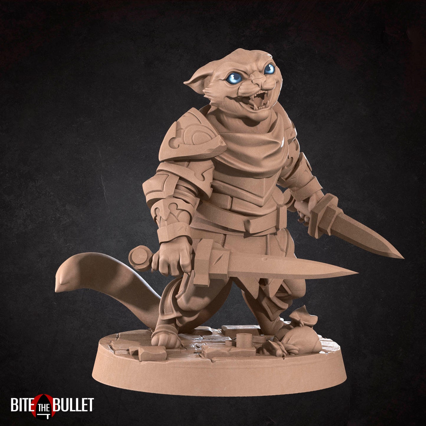 Anthropomorphic cat rogue wielding two short swords; resin miniature by Bite the Bullet.