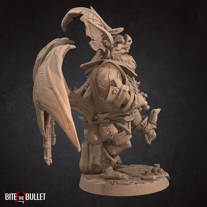 Anthropomorphic bat playing a fiddle, wings spread to display puppets hanging from them. Resin miniature by Bite the Bullet.