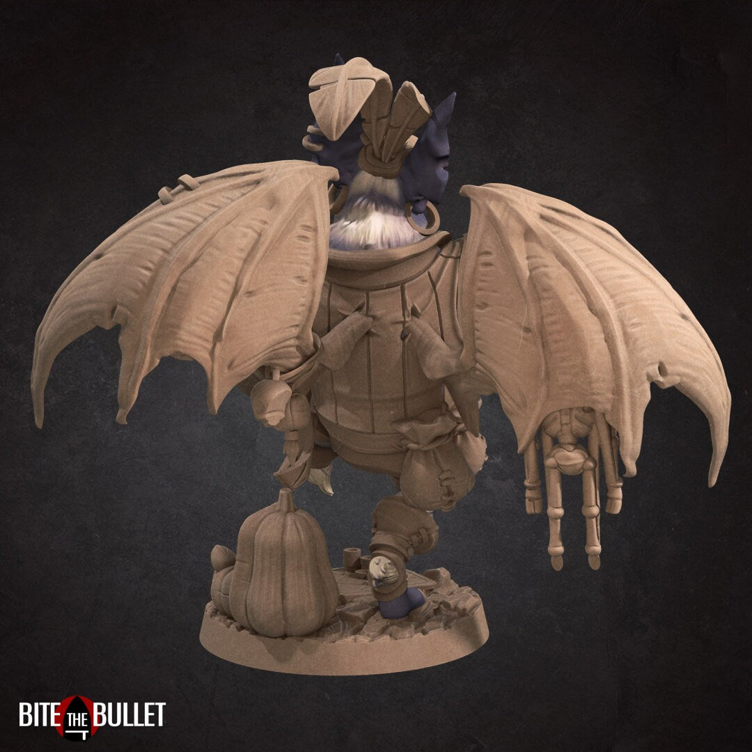 Anthropomorphic bat playing a fiddle, wings spread to display puppets hanging from them. Resin miniature by Bite the Bullet.