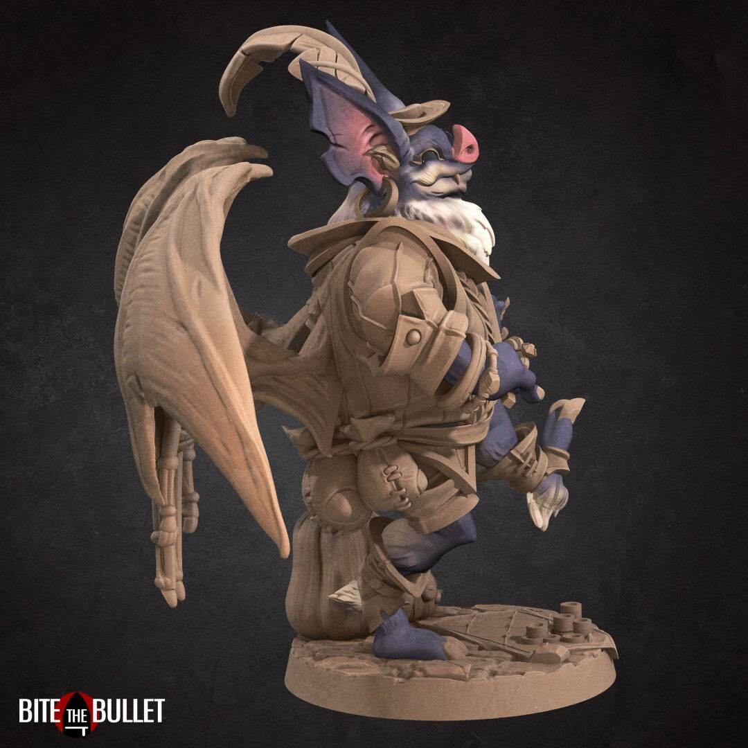 Anthropomorphic bat playing a fiddle, wings spread to display puppets hanging from them. Resin miniature by Bite the Bullet.