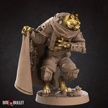 Anthropomorphic cheetah smuggler, showing off his wares tucked inside his cloak; resin miniature by Bite the Bullet.