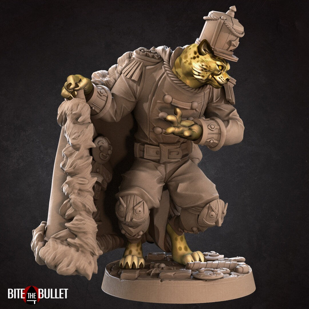 Anthropomorphic cheetah smuggler, dressed as a tin soldier, showing off Christmas treats tucked inside his cloak; resin miniature by Bite the Bullet.