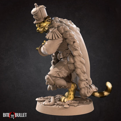 Anthropomorphic cheetah smuggler, dressed as a tin soldier, showing off Christmas treats tucked inside his cloak; resin miniature by Bite the Bullet.