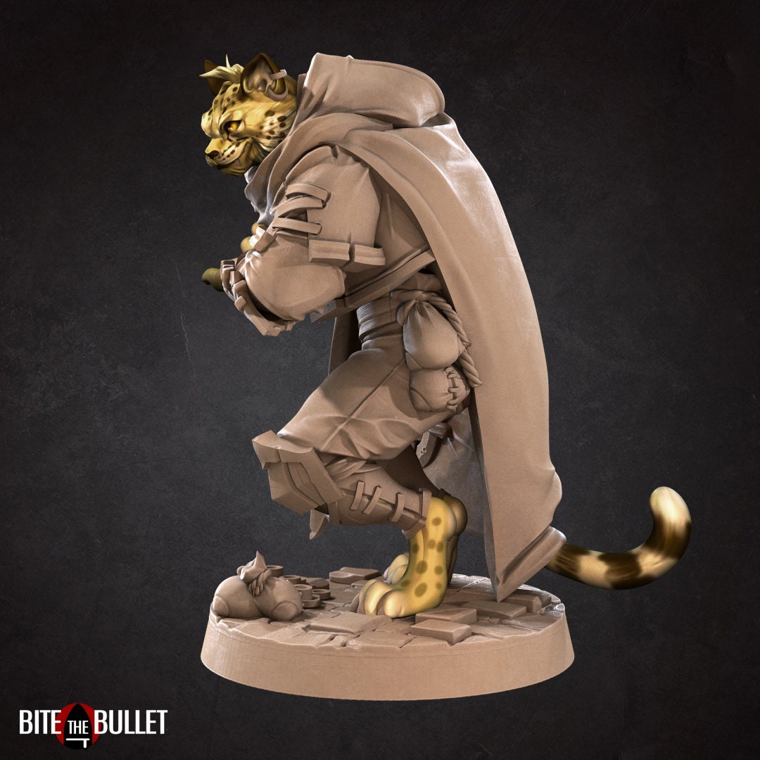 Anthropomorphic cheetah smuggler, showing off his wares tucked inside his cloak; resin miniature by Bite the Bullet.