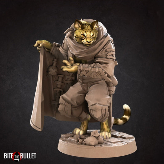 Anthropomorphic cheetah smuggler, showing off his wares tucked inside his cloak; resin miniature by Bite the Bullet.