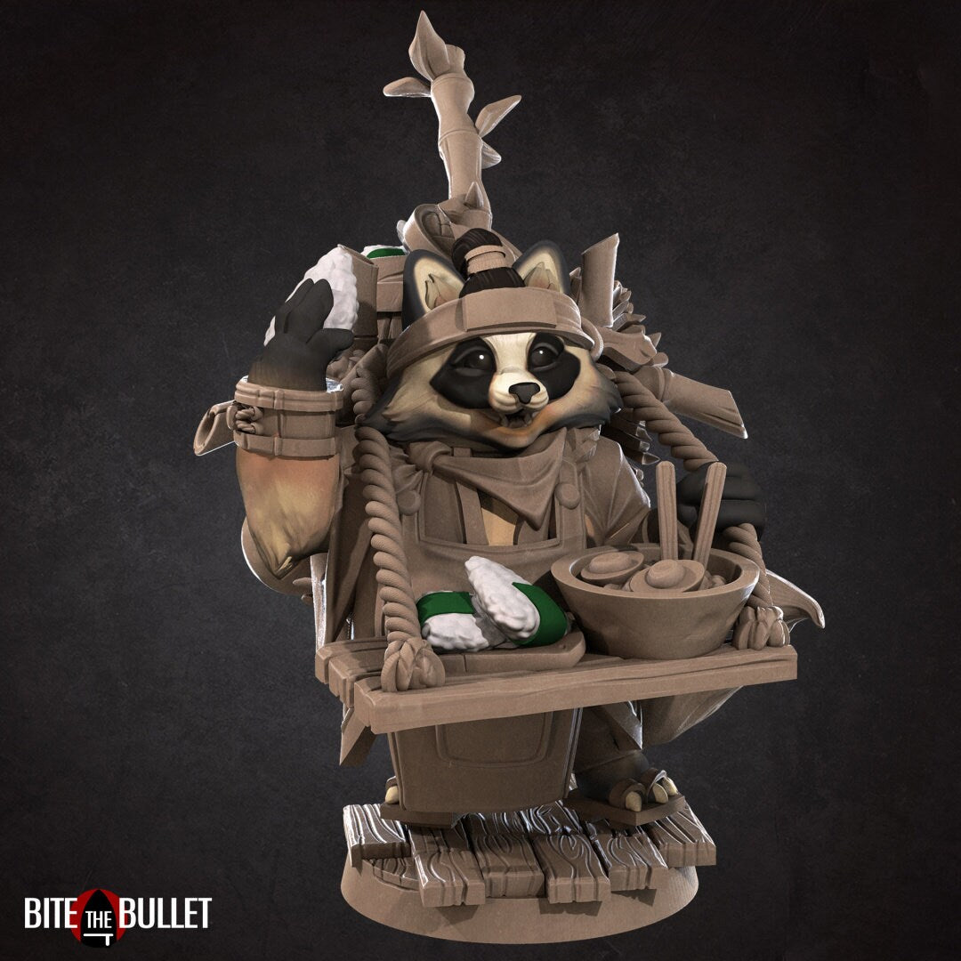 Tanuki (anthropomorphic racoon) ramen vendor with a tray strapped to his chest and additional supplies on his back. Resin miniature by Bite the Bullet.
