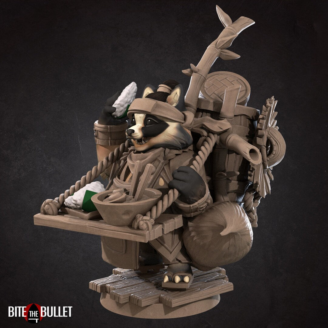 Tanuki (anthropomorphic racoon) ramen vendor with a tray strapped to his chest and additional supplies on his back. Resin miniature by Bite the Bullet.