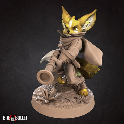 Anthropomorphic fennec fox hunter holding a blunderbuss; resin miniature by Bite the Bullet.