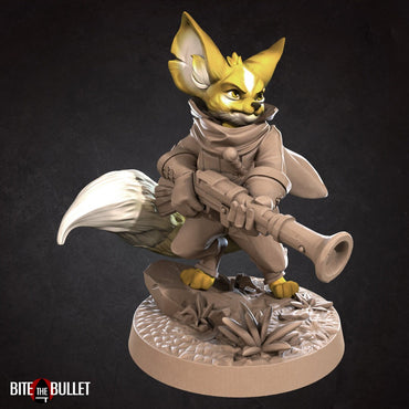 Anthropomorphic fennec fox hunter holding a blunderbuss; resin miniature by Bite the Bullet.