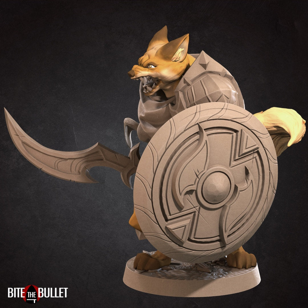 Anthropomorphic red fox warrior holding a drawn bow; resin miniature by Bite the Bullet.