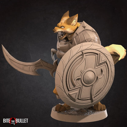 Anthropomorphic red fox warrior holding a drawn bow; resin miniature by Bite the Bullet.