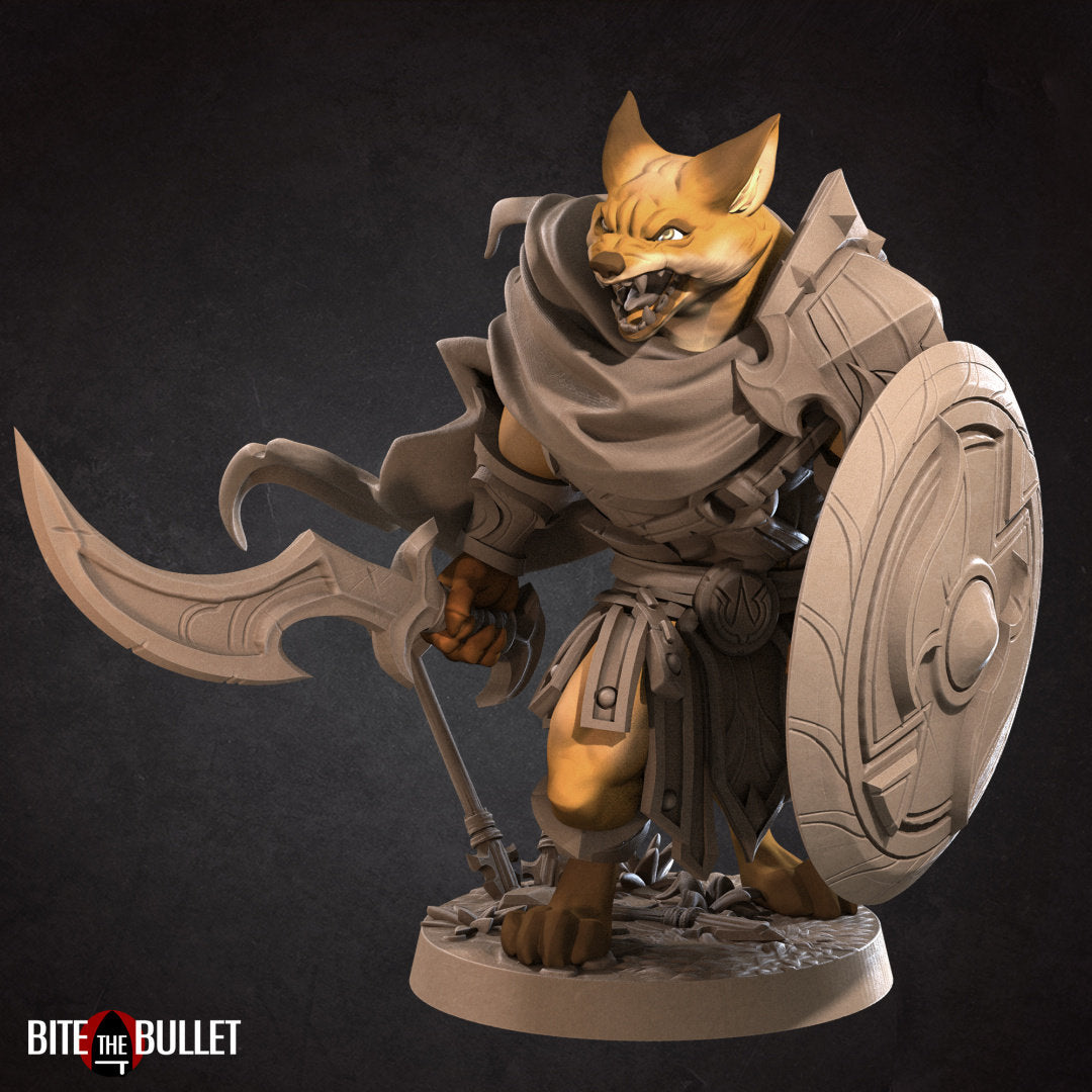 Anthropomorphic red fox warrior holding a drawn bow; resin miniature by Bite the Bullet.