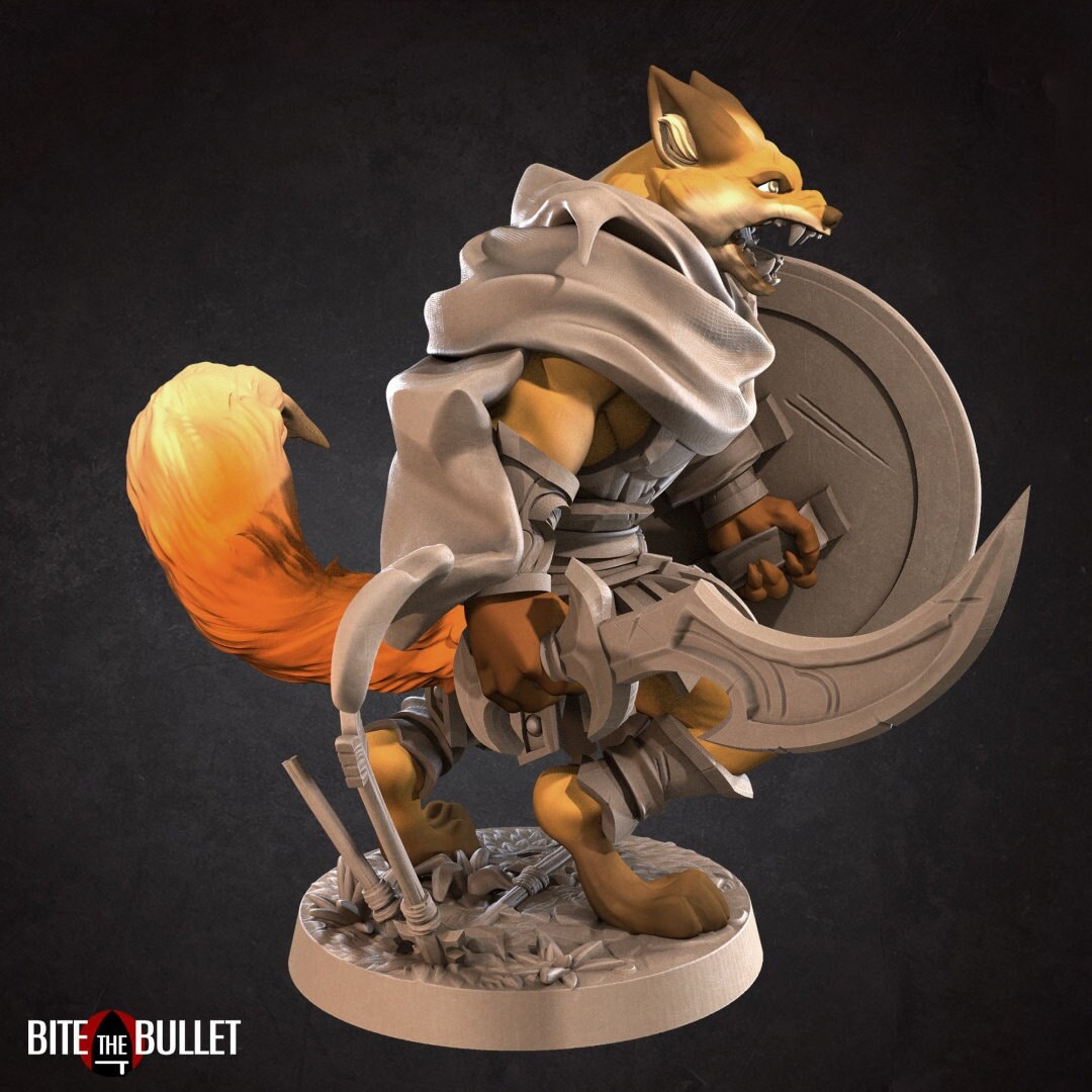 Anthropomorphic red fox warrior holding a drawn bow; resin miniature by Bite the Bullet.