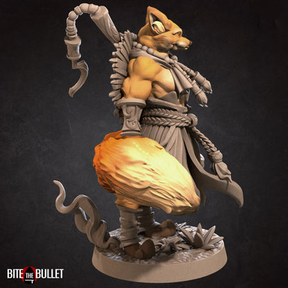 Anthropomorphic red fox monk holding a staff; resin miniature by Bite the Bullet.