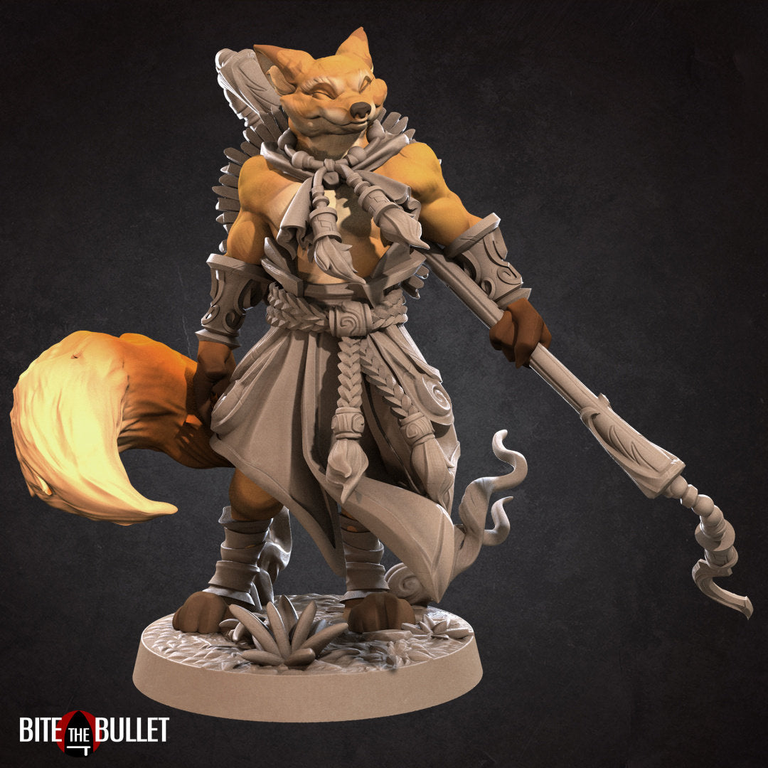 Anthropomorphic red fox monk holding a staff; resin miniature by Bite the Bullet.