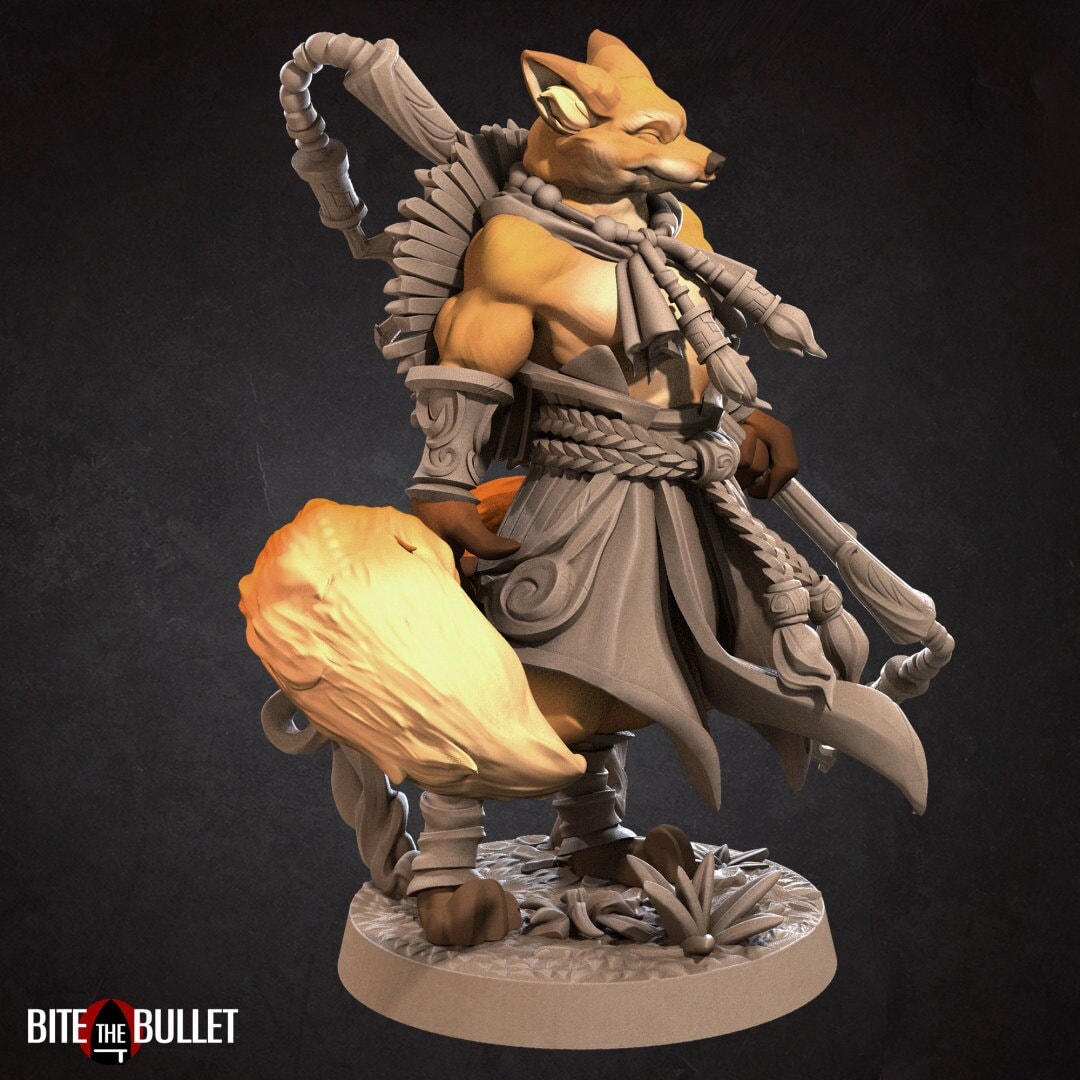 Anthropomorphic red fox monk holding a staff; resin miniature by Bite the Bullet.