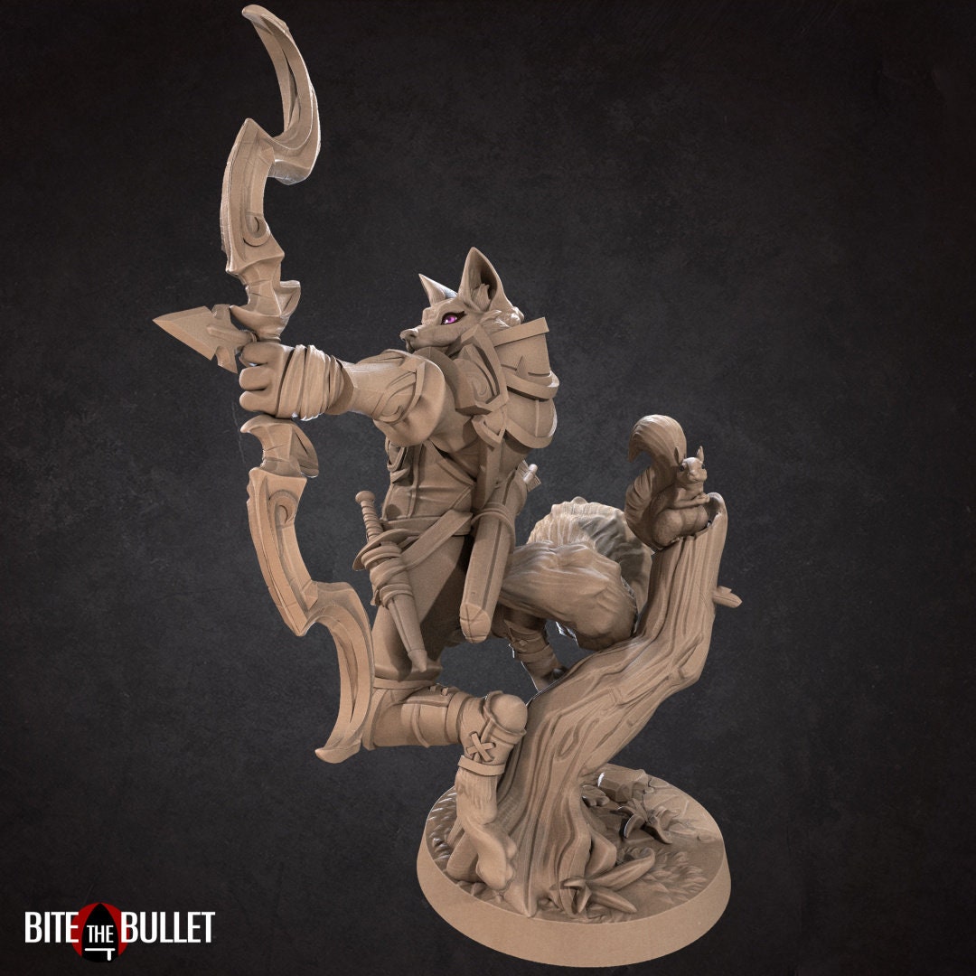Anthropomorphic red fox ranger holding a drawn bow; resin miniature by Bite the Bullet.