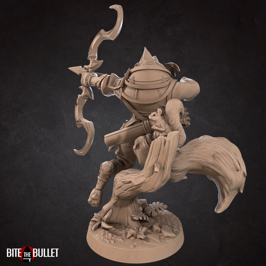 Anthropomorphic red fox ranger holding a drawn bow; resin miniature by Bite the Bullet.