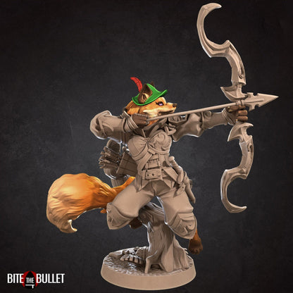 Anthropomorphic red fox ranger holding a drawn bow, wearing a Robin Hood style cap; resin miniature by Bite the Bullet.