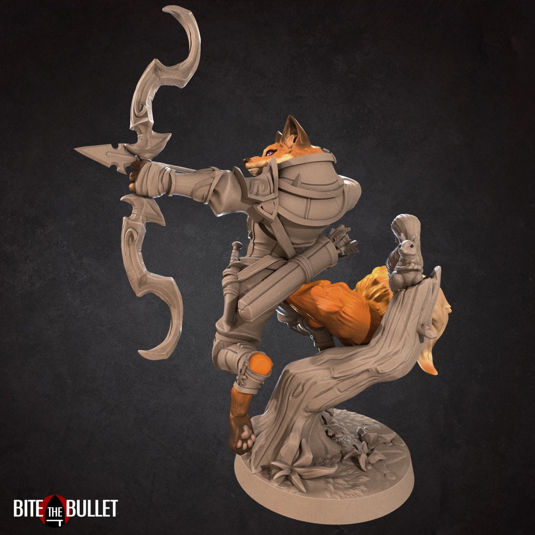 Anthropomorphic red fox ranger holding a drawn bow; resin miniature by Bite the Bullet.