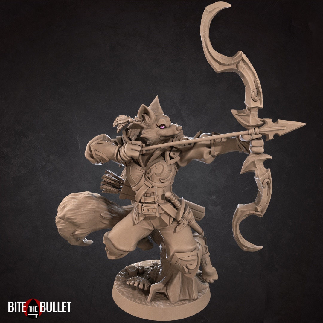 Anthropomorphic red fox ranger holding a drawn bow; resin miniature by Bite the Bullet.