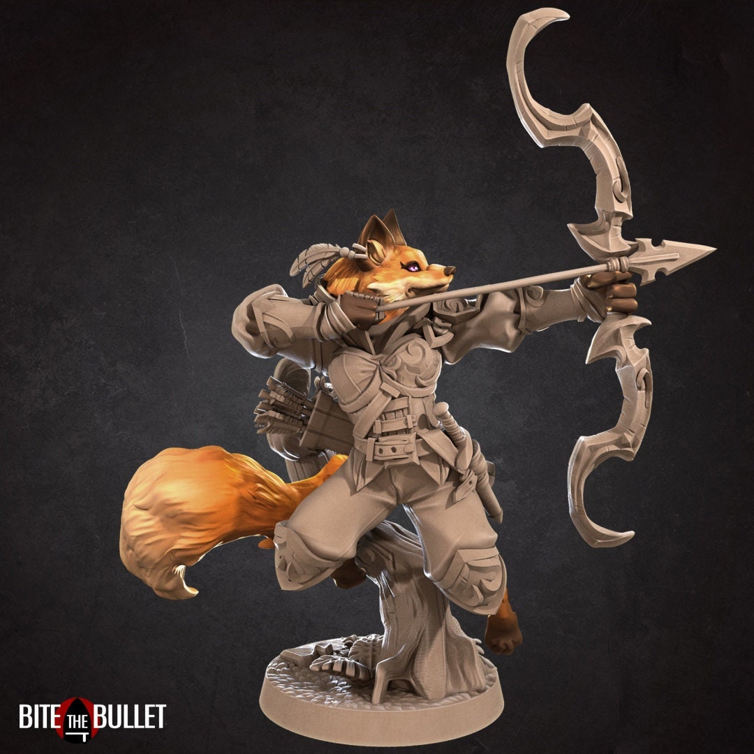 Anthropomorphic red fox ranger holding a drawn bow; resin miniature by Bite the Bullet.