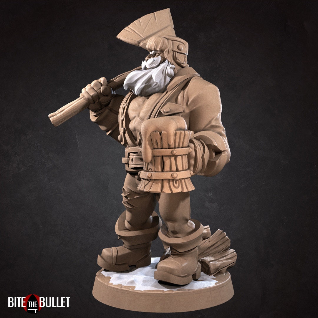 Sexy lumberjack with open shirt, exposing muscular chest. Axe on his shoulder, frothy wooden mug in hand. Resin miniature by Bite the Bullet.