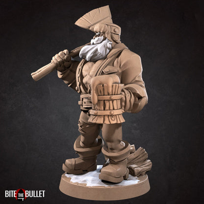 Sexy lumberjack with open shirt, exposing muscular chest. Axe on his shoulder, frothy wooden mug in hand. Resin miniature by Bite the Bullet.