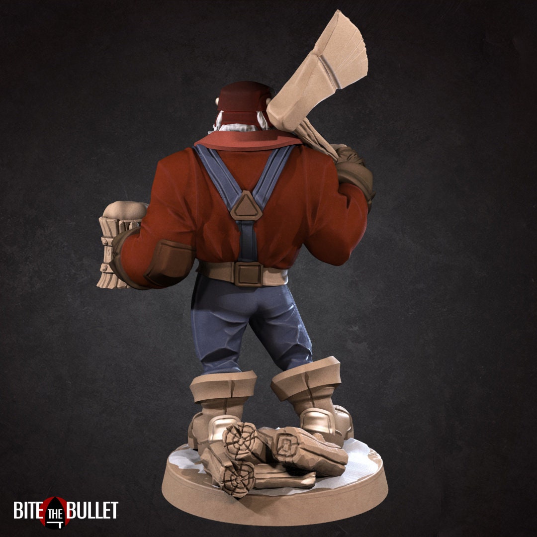 Sexy lumberjack with open shirt, exposing muscular chest. Axe on his shoulder, frothy wooden mug in hand. Resin miniature by Bite the Bullet.
