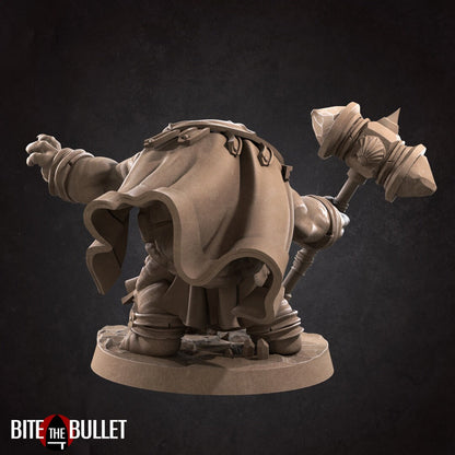 Anthropomorphic turtle holding a war hammer. Resin miniature by Bite the Bullet.