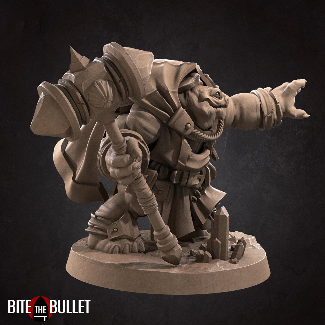 Anthropomorphic turtle holding a war hammer. Resin miniature by Bite the Bullet.