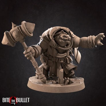 Anthropomorphic turtle holding a war hammer. Resin miniature by Bite the Bullet.