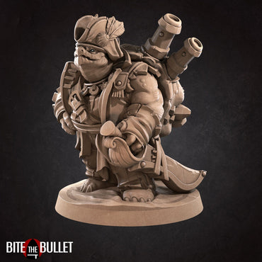 Anthropomorphic turtle pirate with a cockatoo on his shoulder. Resin miniature by Bite the Bullet.