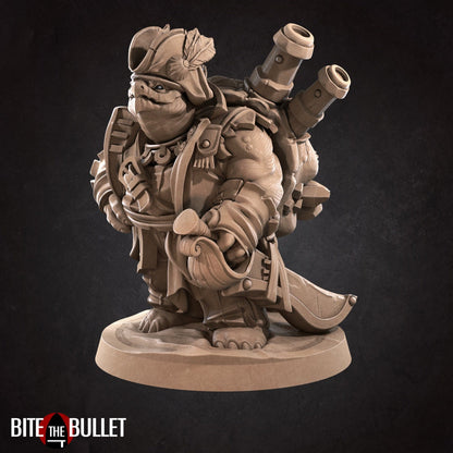 Anthropomorphic turtle pirate with a cockatoo on his shoulder. Resin miniature by Bite the Bullet.