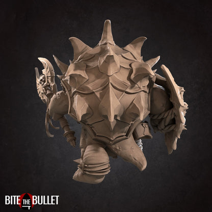 Anthropomorphic turtle barbarian with an axe and shield. Resin miniature by Bite the Bullet.