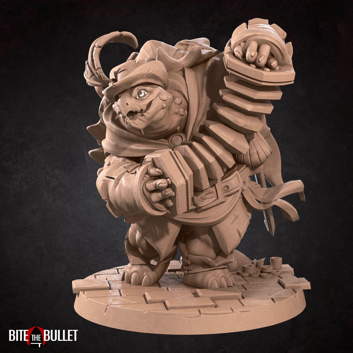 Anthropomorphic turtle bard playing a squeeze box accordion. Resin miniature by Bite the Bullet.