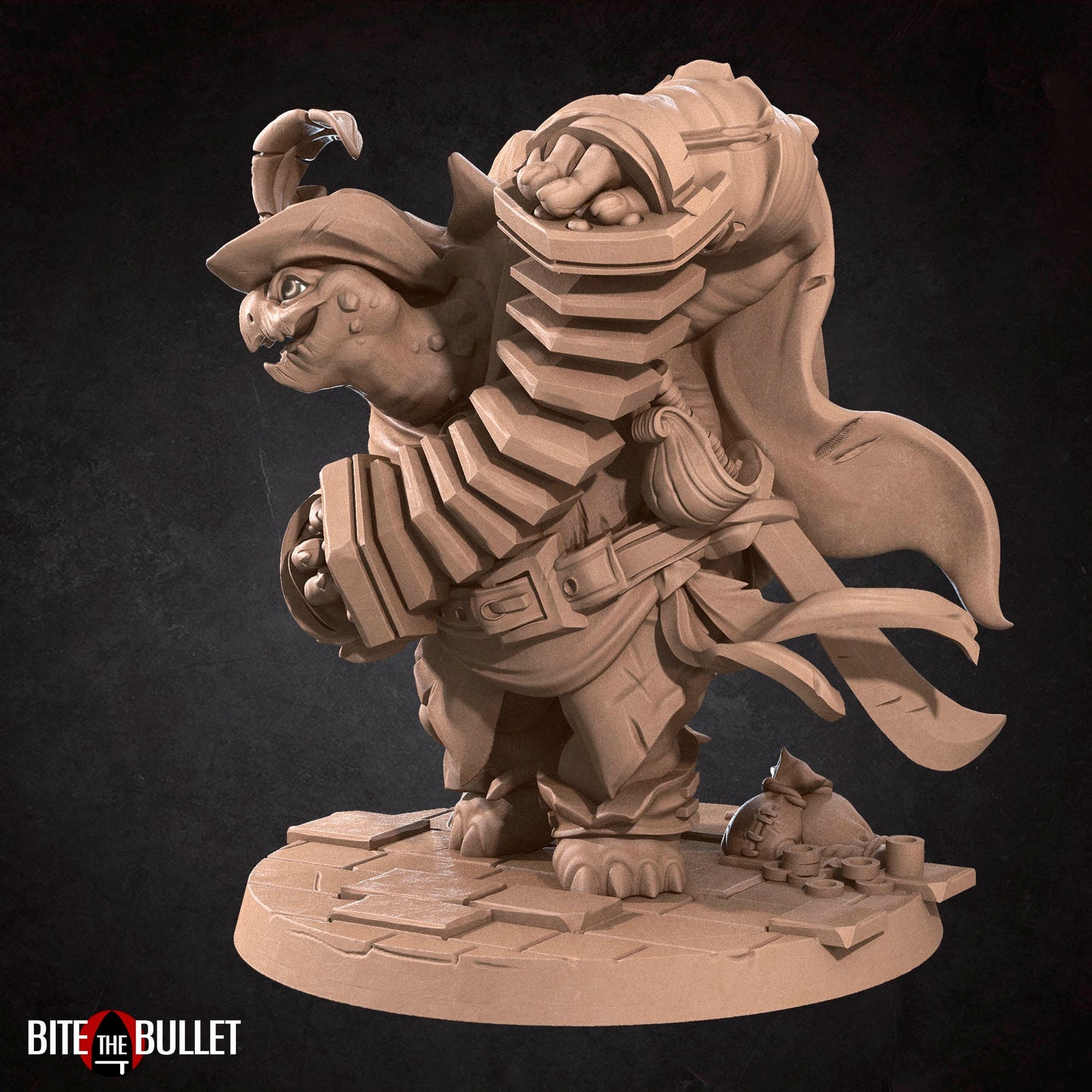 Anthropomorphic turtle bard playing a squeeze box accordion. Resin miniature by Bite the Bullet.