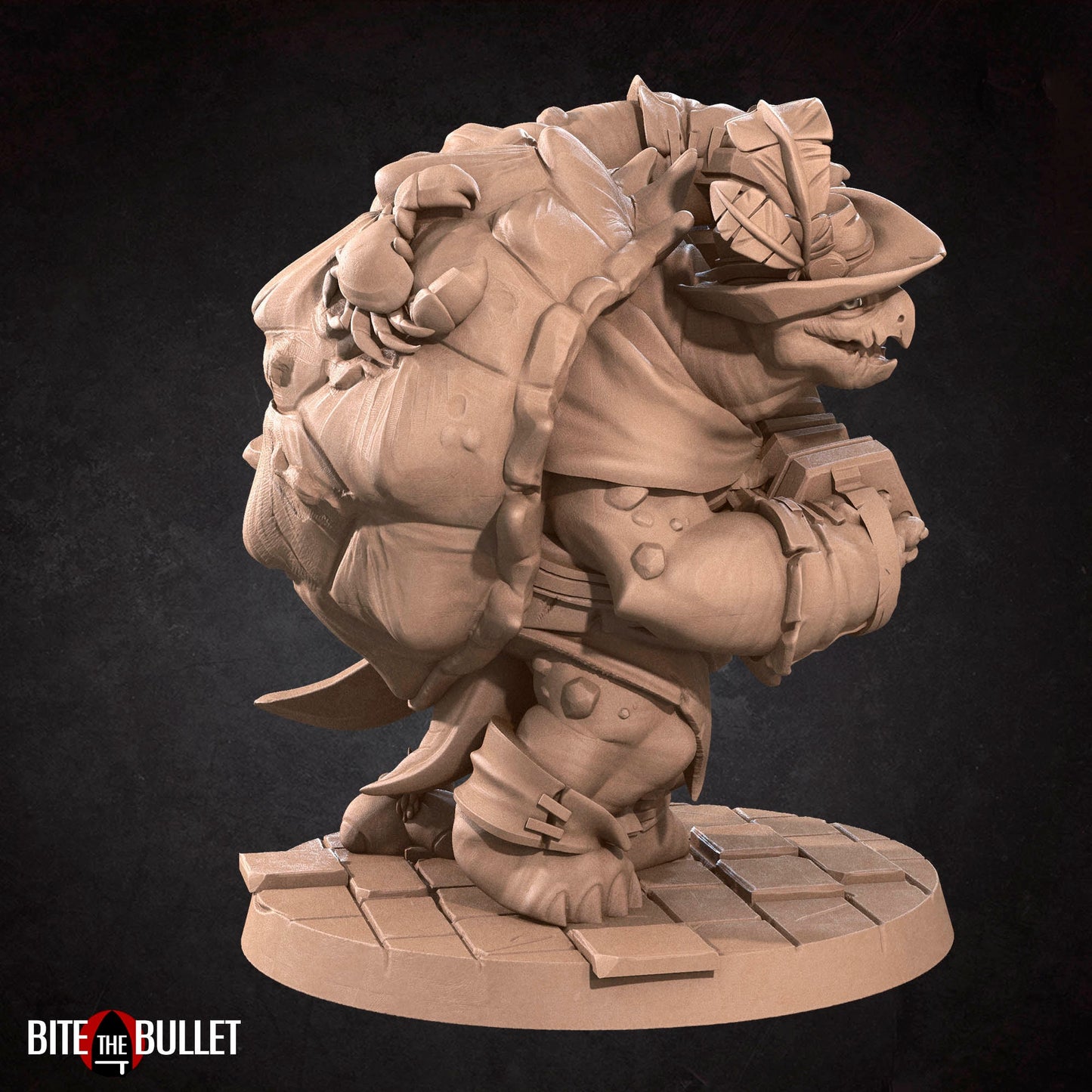 Anthropomorphic turtle bard playing a squeeze box accordion. Resin miniature by Bite the Bullet.