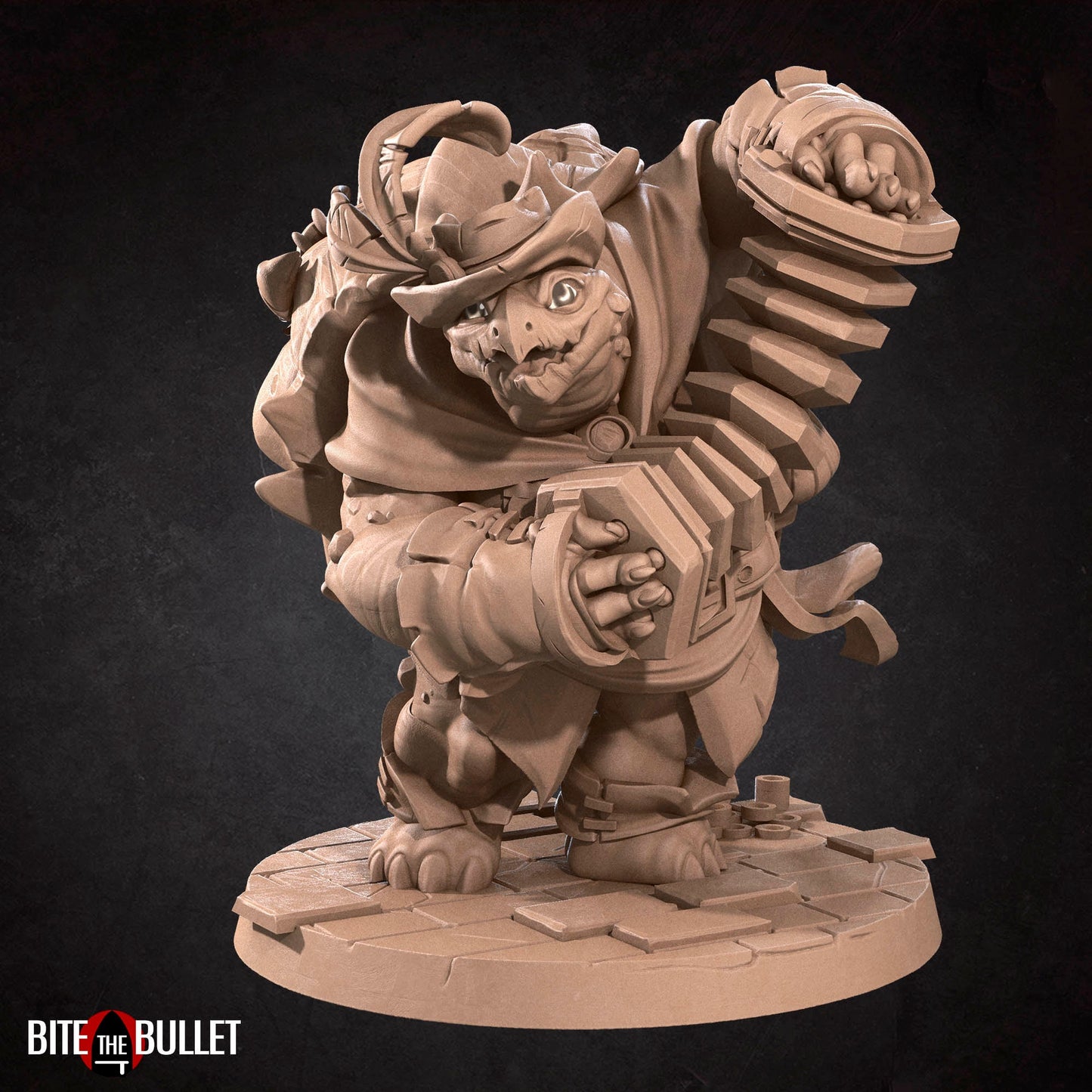 Anthropomorphic turtle bard playing a squeeze box accordion. Resin miniature by Bite the Bullet.