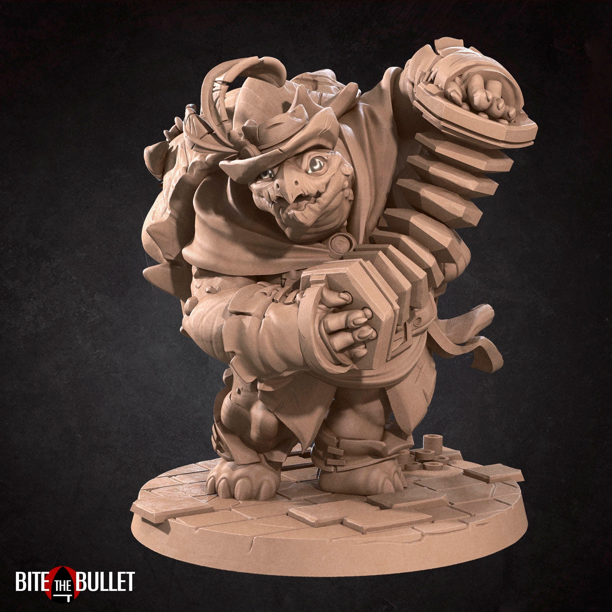 Anthropomorphic turtle bard playing a squeeze box accordion. Resin miniature by Bite the Bullet.