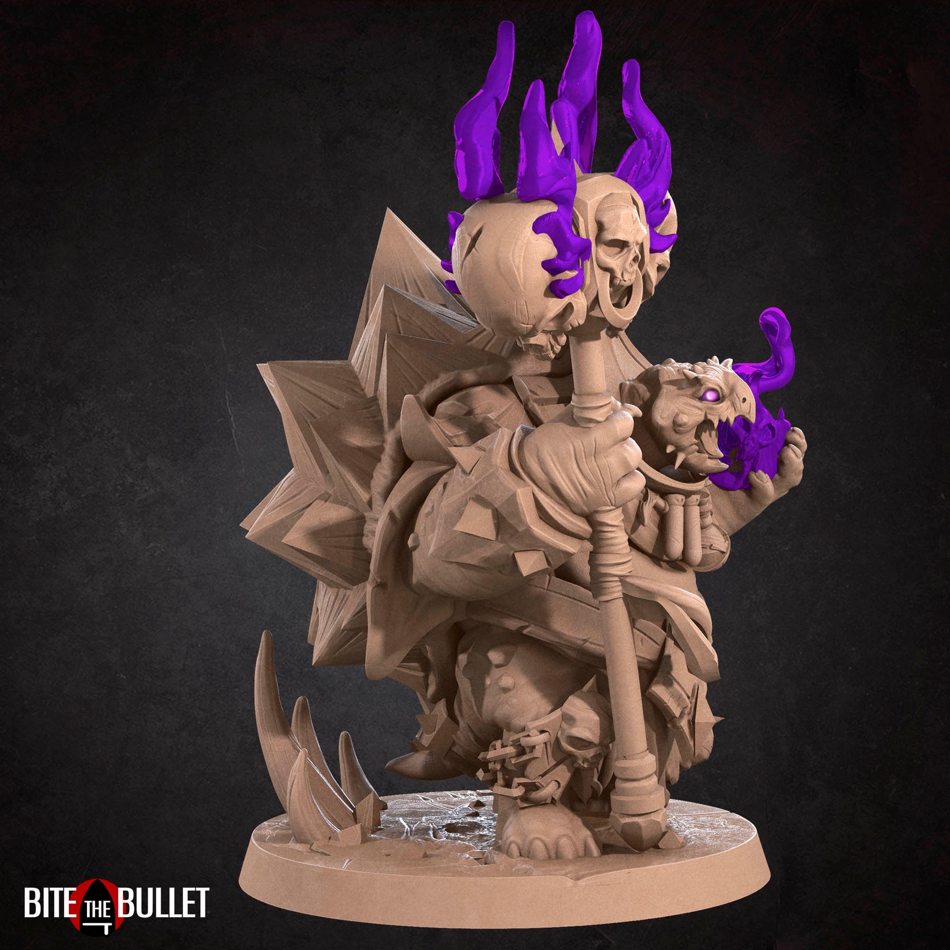 Anthropomorphic turtle warlock with a skull hammer and spell effect. Resin miniature by Bite the Bullet.