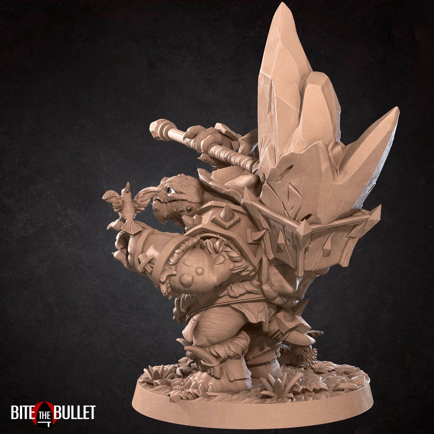 Anthropomorphic turtle barbarian with a huge rock axe on his shoulder, looking kindly at a bird perched on his finger. Resin miniature by Bite the Bullet.
