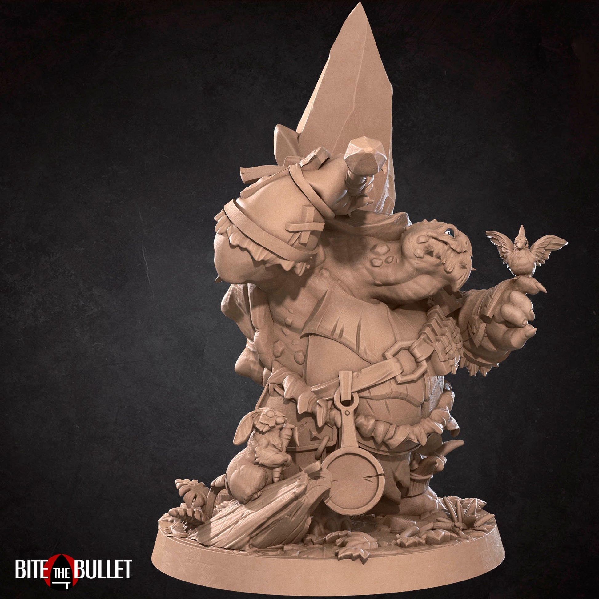 Anthropomorphic turtle barbarian with a huge rock axe on his shoulder, looking kindly at a bird perched on his finger. Resin miniature by Bite the Bullet.