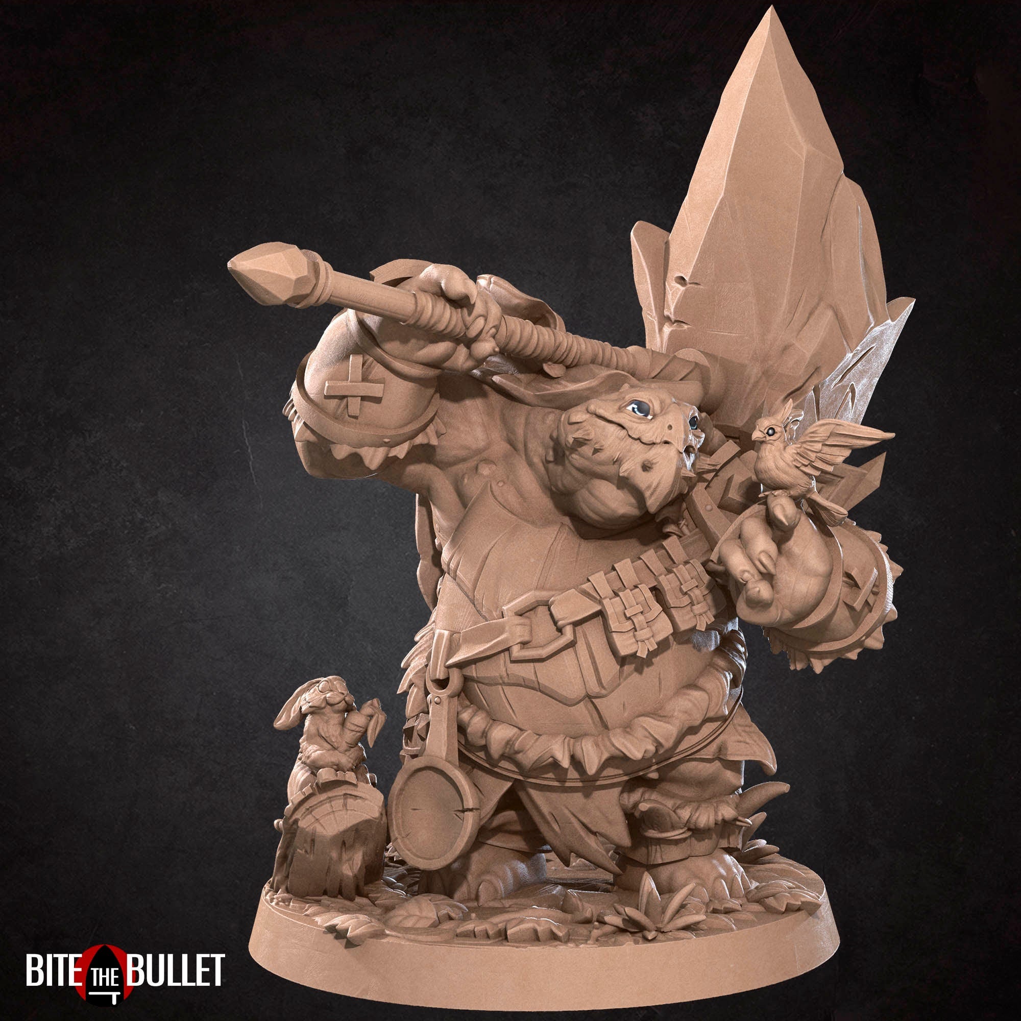 Anthropomorphic turtle barbarian with a huge rock axe on his shoulder, looking kindly at a bird perched on his finger. Resin miniature by Bite the Bullet.