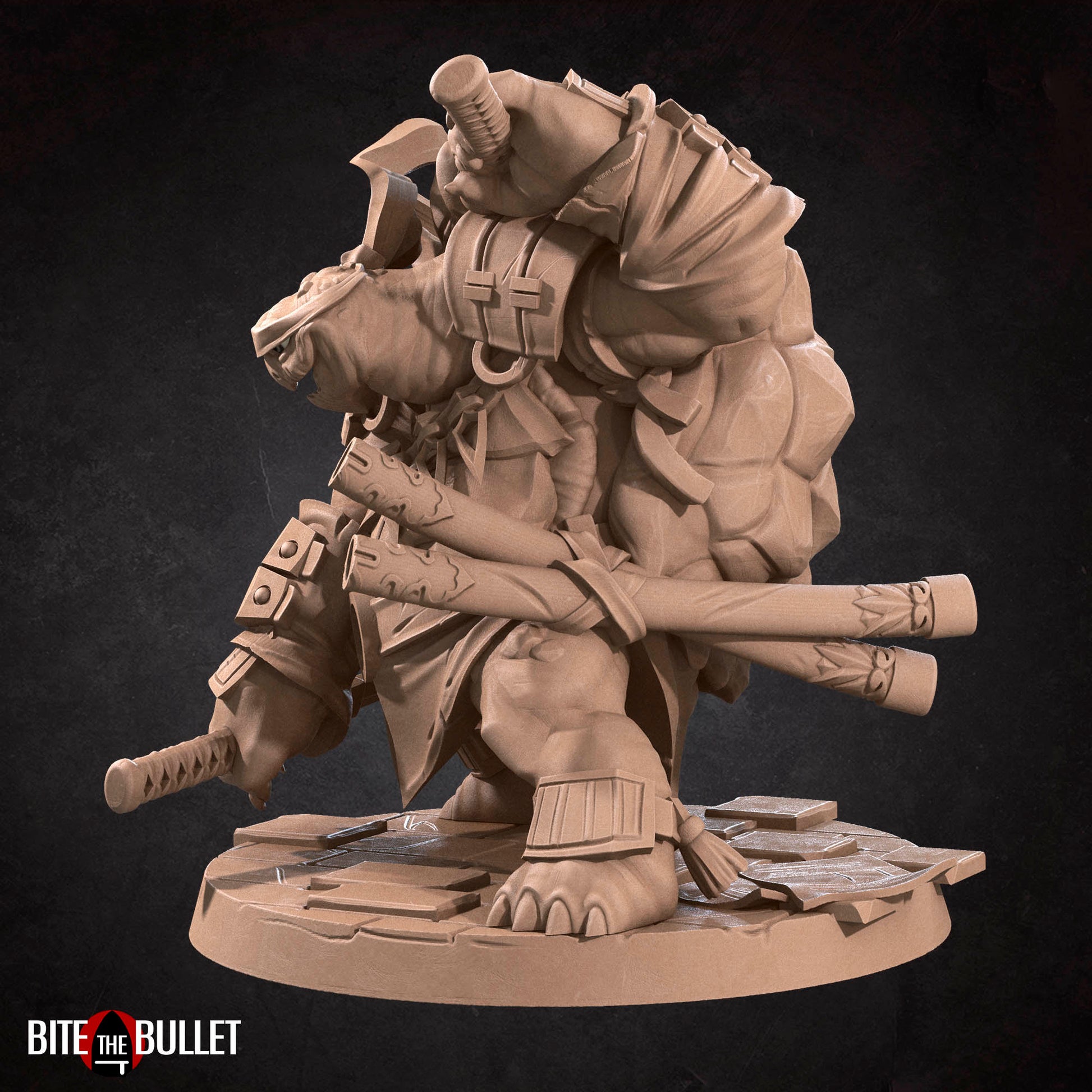 Anthropomorphic turtle ninja wielding dual katanas. Resin miniature by Bite the Bullet.