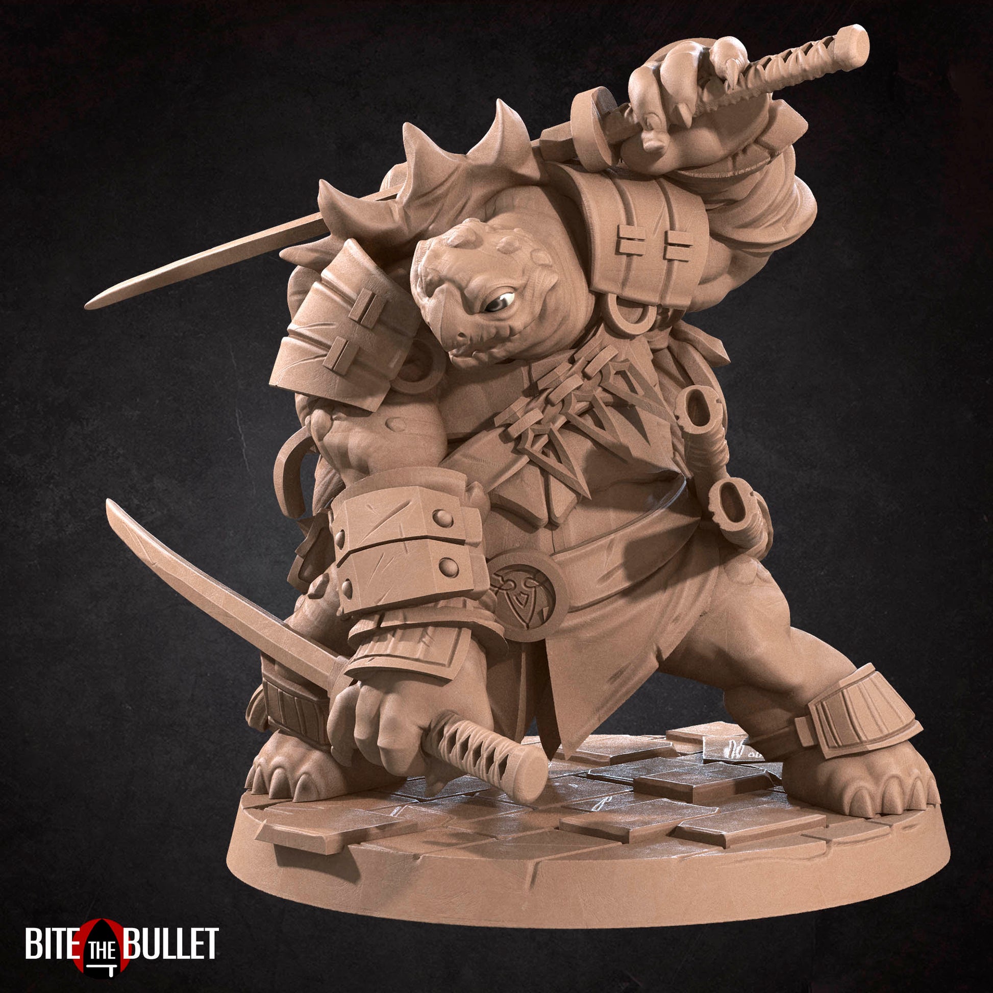 Anthropomorphic turtle ninja wielding dual katanas. Resin miniature by Bite the Bullet.