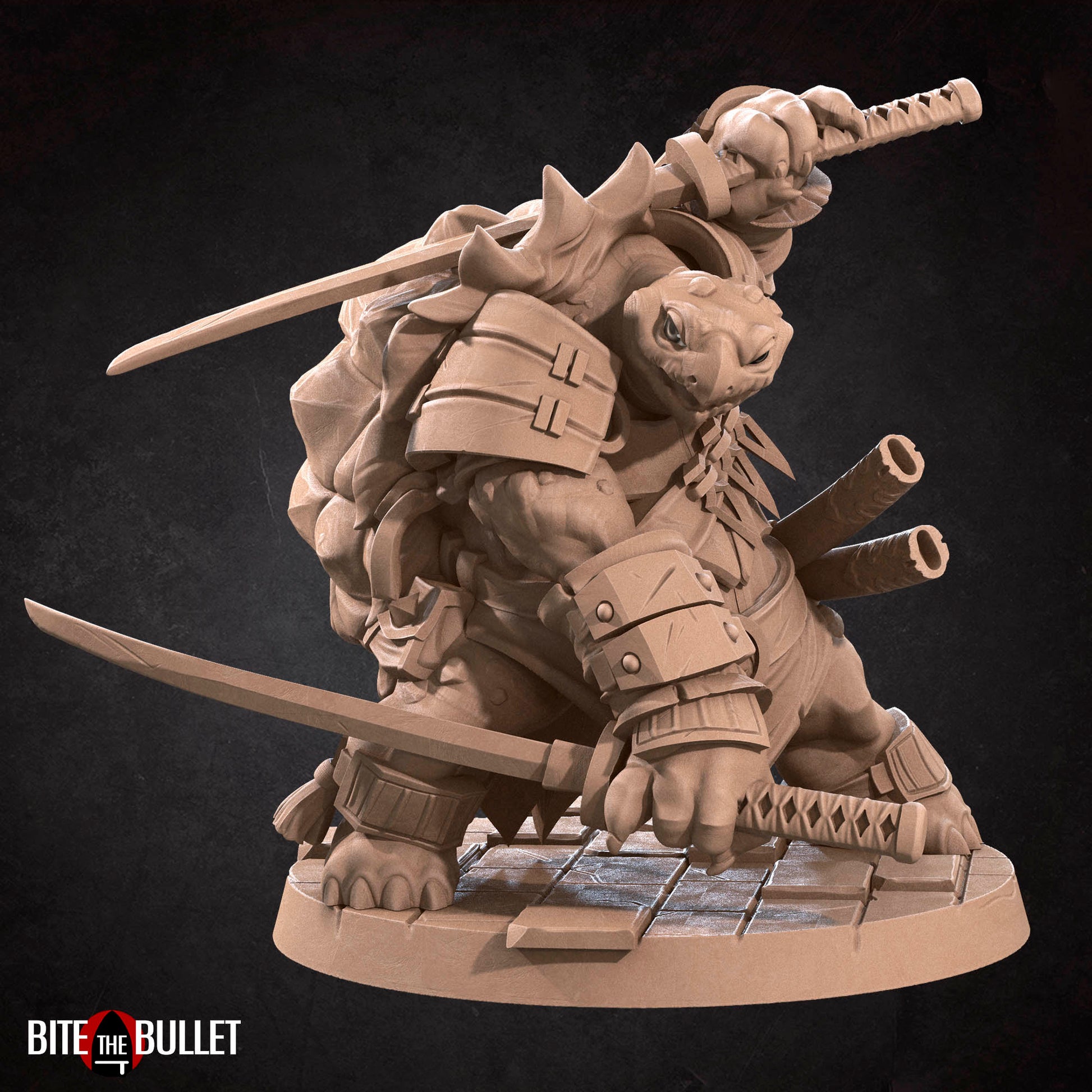 Anthropomorphic turtle ninja wielding dual katanas. Resin miniature by Bite the Bullet.
